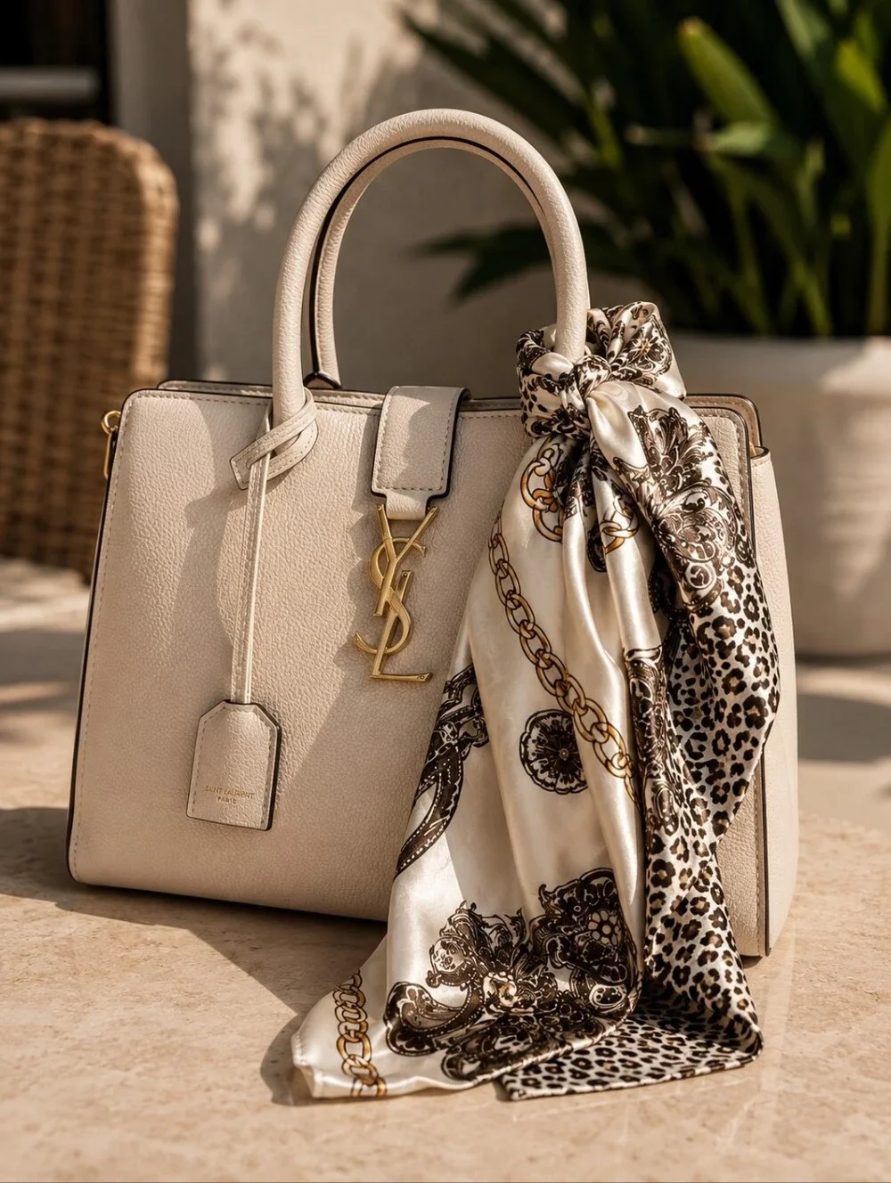 Silk-Feel Cream & Brown Chain & Leopard Pattern Headscarf /Scarf/Bag Accessory